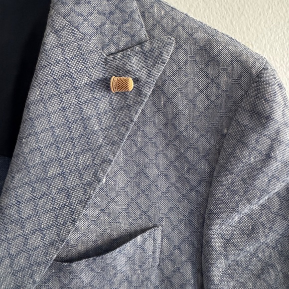 Men’s Blazer Light Blue Linen Wool Blend Peak Lapel | 2 Button Jacket | Size 36R - Picture 5 of 7